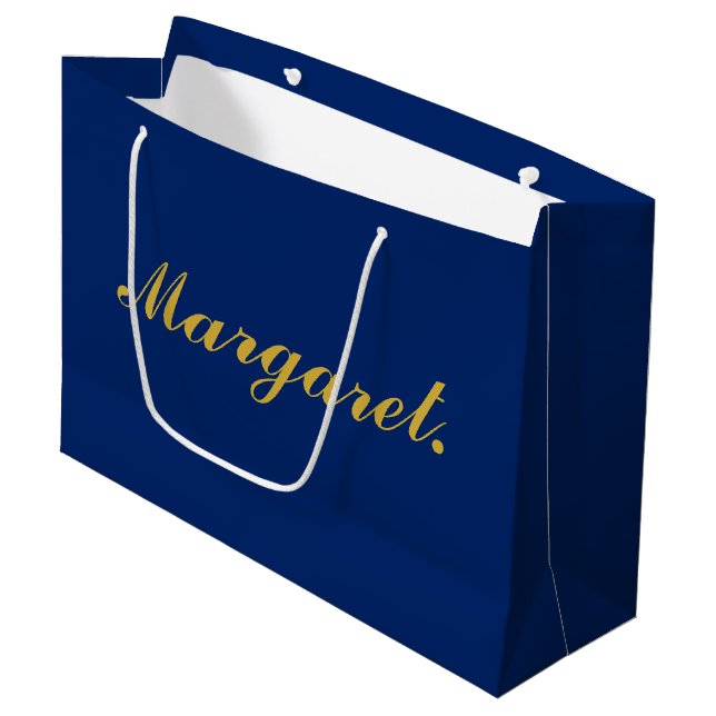Stylish Navy Large Personalized Gift Bag with Name (Front Angled)