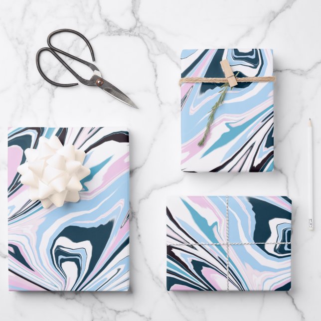 Stylish Navy Pink Marbled Acrylic Pouring Wrapping Paper Sheet (Front)