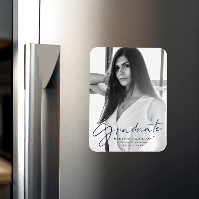 Stylish Navy Script Graduation Announcement Photo Magnet (Creator Uploaded)
