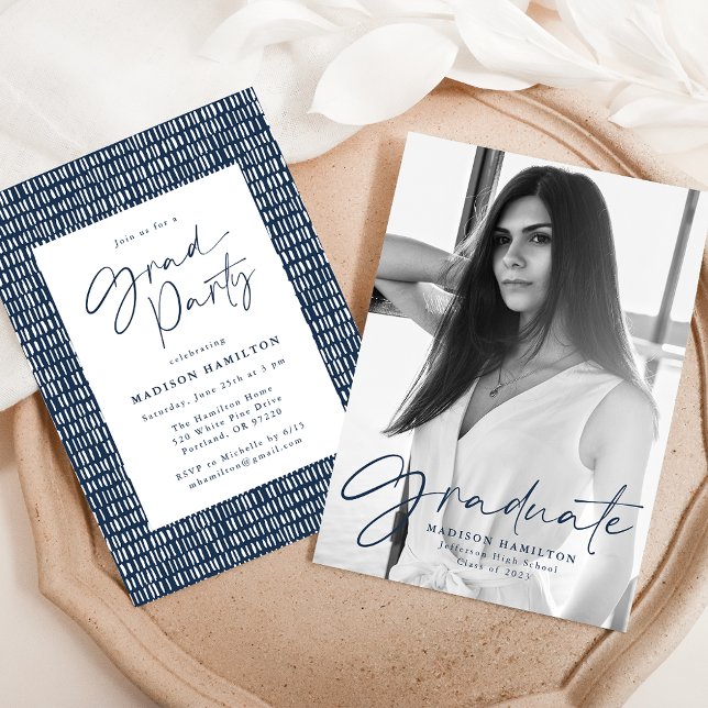 Stylish Navy Script Photo Graduation Party Invitation (Creator Uploaded)