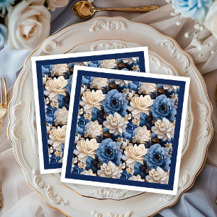Stylish Navy White Ivory Floral Decorative Napkins