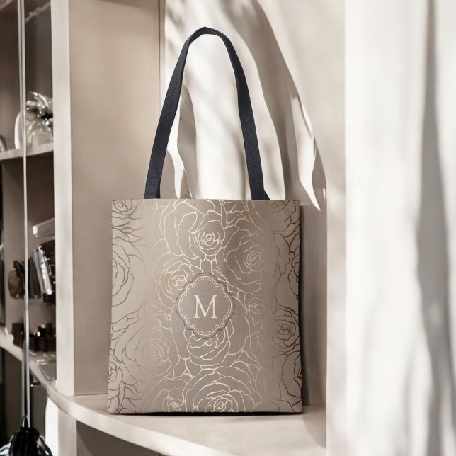 Stylish Neutral Taupe Floral Pattern with Monogram Tote Bag (Personalize with any monogram initial.)