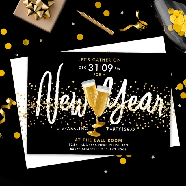 Stylish New Year Champagne Gold Confetti Black Invitation (Creator Uploaded)