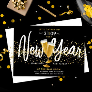 Stylish New Year Champagne Gold Confetti Black Invitation