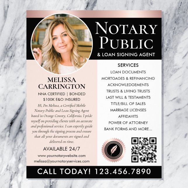 Stylish Notary Public Photo Black Pink Rose Gold Flyer (Creator Uploaded)