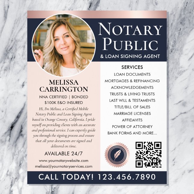 Stylish Notary Public Photo Blue Pink Rose Gold Flyer (Creator Uploaded)