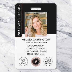 Stylish Notary Public Photo QR Black Rose Gold ID Badge