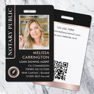 Stylish Notary Public Photo QR ID Black Rose Gold Badge