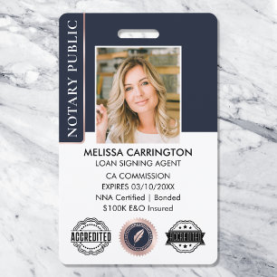 Stylish Notary Public Photo QR Logo Blue Rose Gold ID Badge