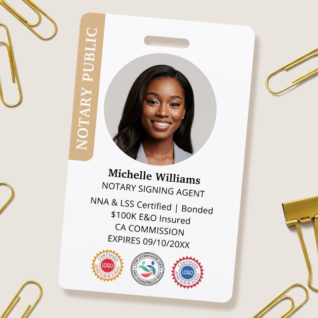 Stylish Notary Public Signing Agent Photo ID Gold ID Badge (Creator Uploaded)