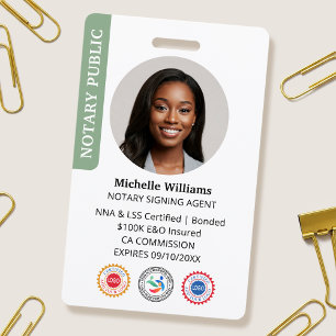 Stylish Notary Public Signing Agent Photo ID Green ID Badge