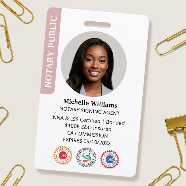 Stylish Notary Public Signing Agent Photo ID Pink ID Badge (Creator Uploaded)