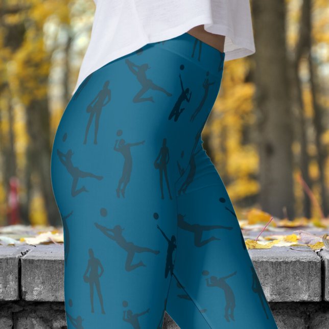 Stylish Ocean Blue Womens Volleyball Pattern Leggings (Womens Volleyball on Ocean Blue Leggings)