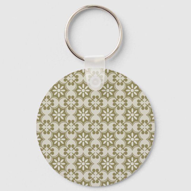 Stylish olive green Fleur de Lis repeating pattern Key Ring (Front)