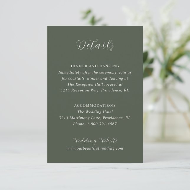 Stylish Olive Green Modern Wedding Enclosure Card (Standing Front)
