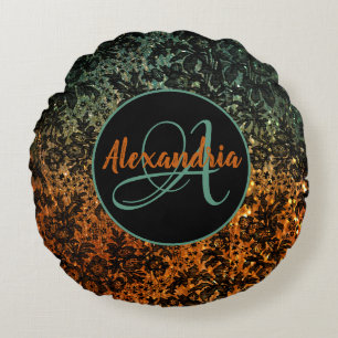 Stylish Orange and Green Black Floral Monogram Round Cushion