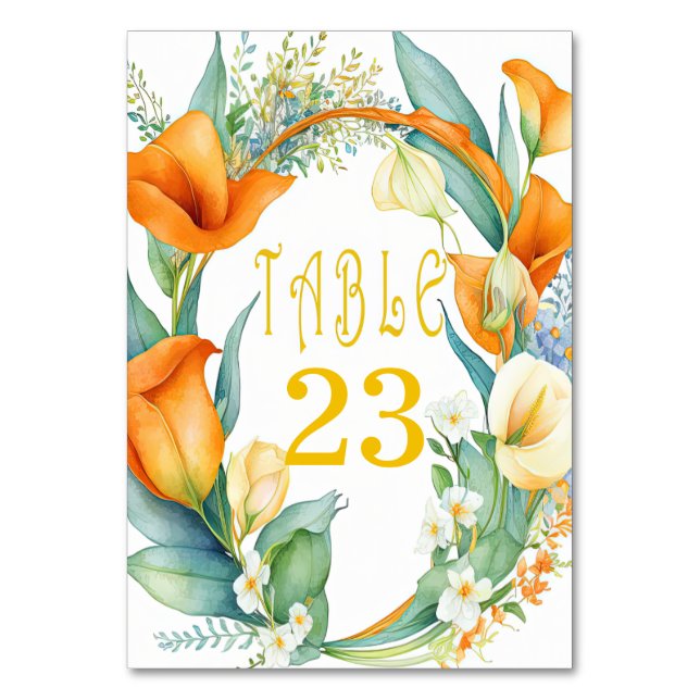 Stylish Orange and Ivory Calla Lily Table Number (Front)