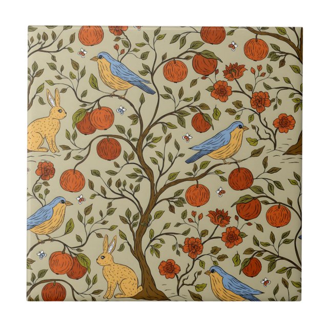 Stylish Orange Apples on Brown Trees Design Tile (Front)