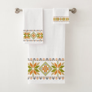 Stylish Orange & Beige Star Vector Frame on White Bath Towel Set