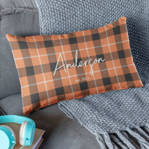 Stylish Orange & Black Fall Colour Plaid Lumbar Cushion