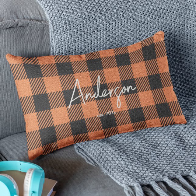 Stylish Orange & Black Fall Colour Plaid Lumbar Cushion (Creator Uploaded)