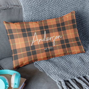 Stylish Orange & Black Family Fall Color Plaid Lumbar Cushion