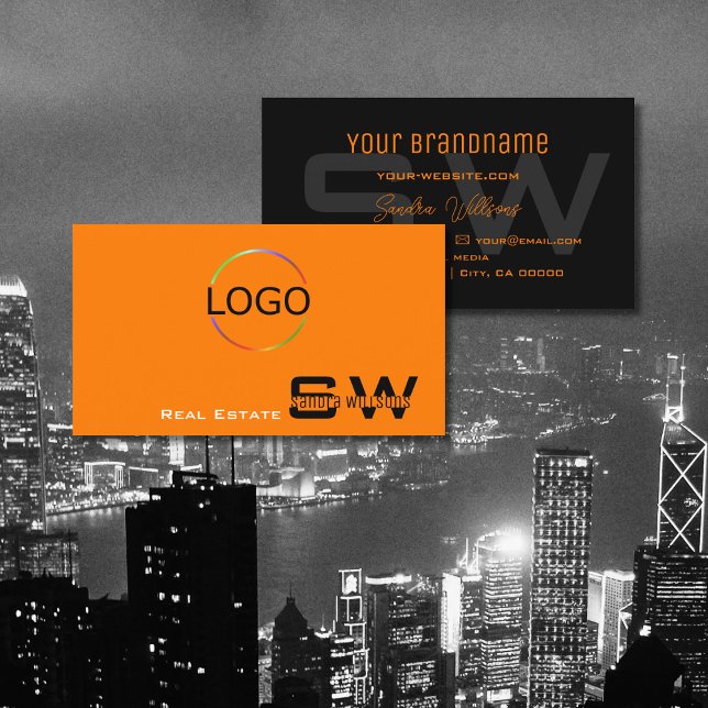 Stylish Orange Black with Monogram and Logo Simple Business Card (Creator Uploaded)