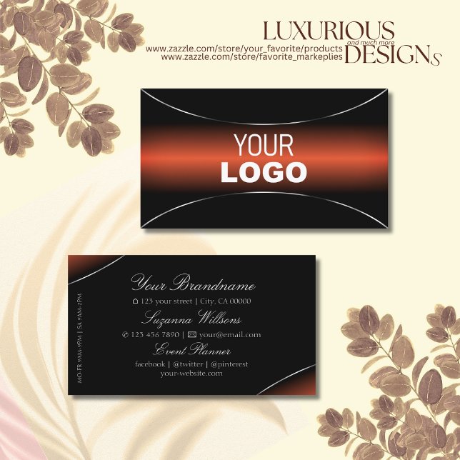 Stylish Orange Black with Silver Border and Logo Business Card (Creator Uploaded)