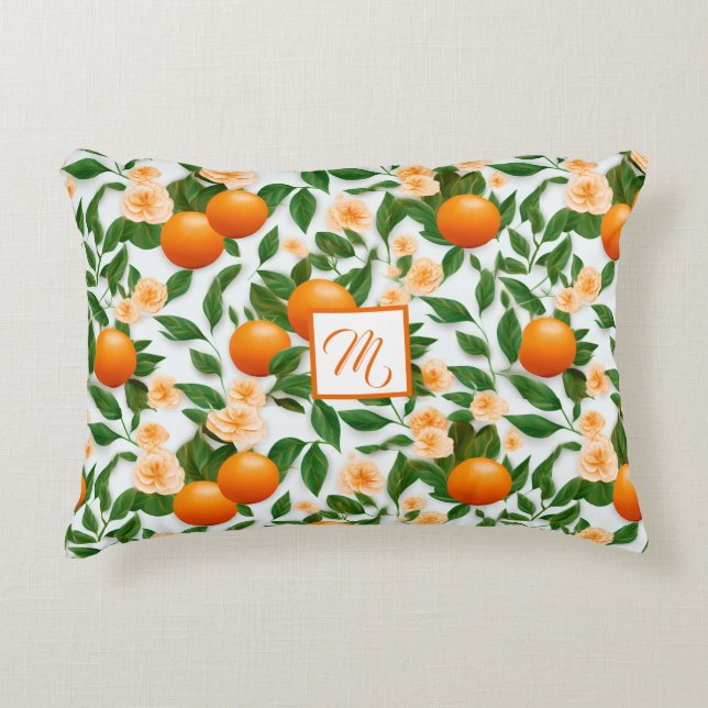 Stylish Orange Blossom Monogrammed Decorative  Decorative Cushion (Front)