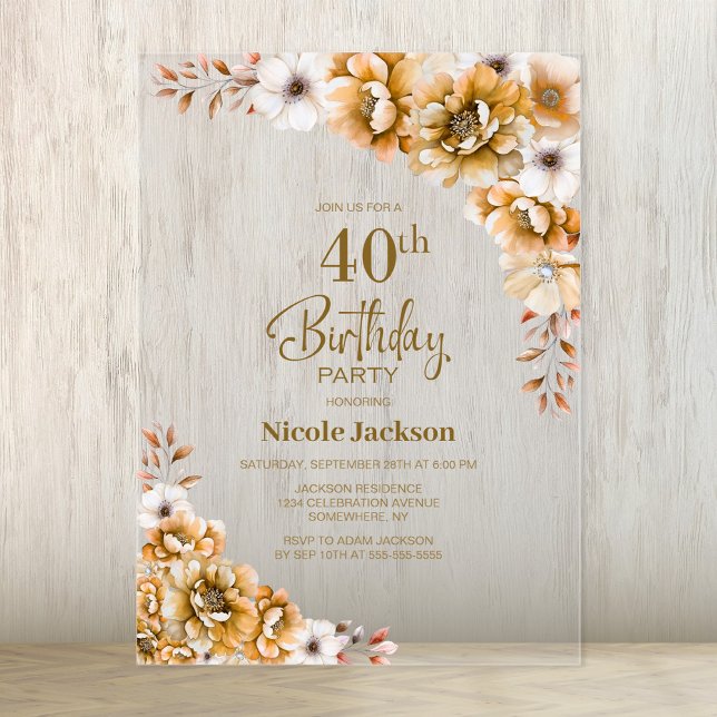 Stylish Orange Floral 40th Birthday Party Acrylic Invitations (Creator Uploaded)
