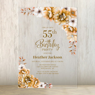 Stylish Orange Floral 55th Birthday Party Acrylic Invitations