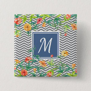 Stylish Orange Floral Chevron Chic Blue Monogram 15 Cm Square Badge