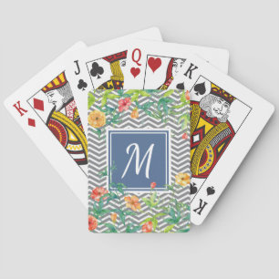 Stylish Orange Floral Chevron Chic Blue Monogram Playing Cards