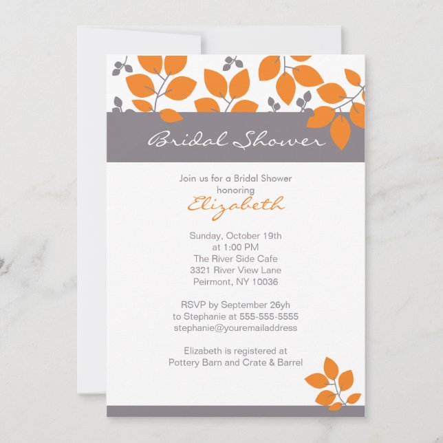 Stylish Orange Leaf Fall Bridal Shower Invite (Front)