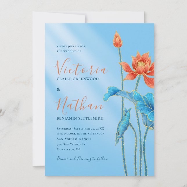Stylish Orange Lotus Flower Blue Wedding Invitation (Front)