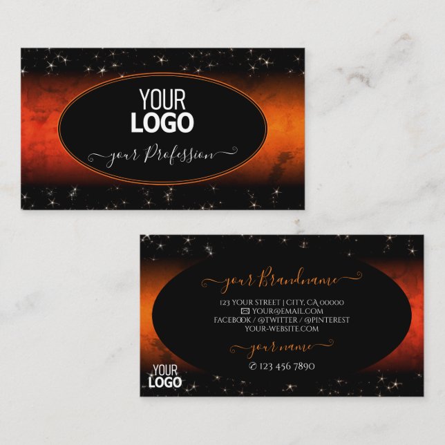 Stylish Orange Marble Black Glitter Stars Add Logo Business Card (Front/Back)
