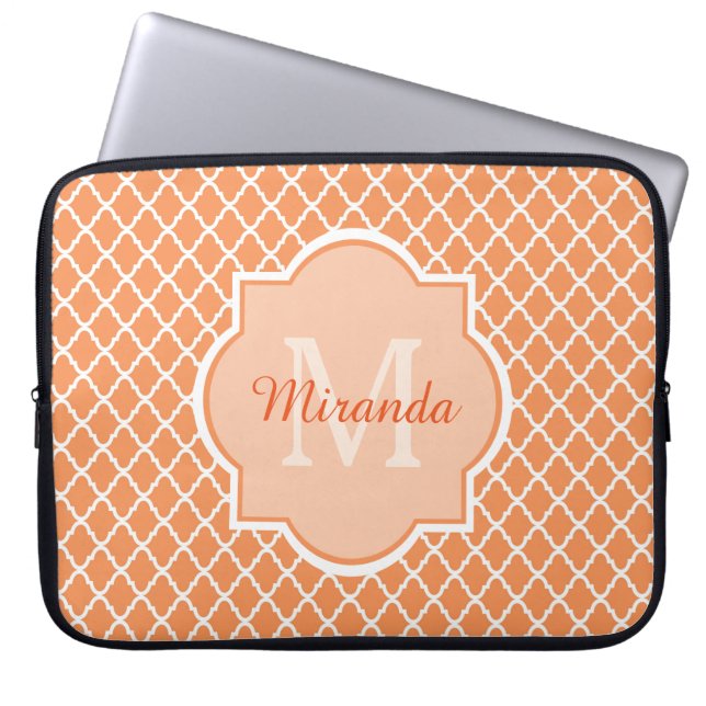 Stylish Orange Quatrefoil Monogram With Name Laptop Sleeve (Front)