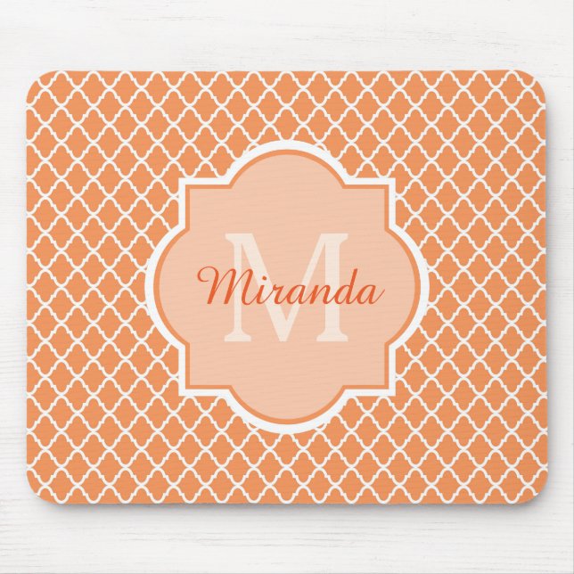 Stylish Orange Quatrefoil Monogram With Name Mouse Pad (Front)