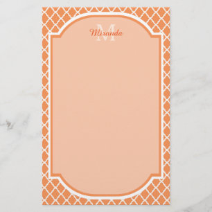 Stylish Orange Quatrefoil Monogram With Name Stationery