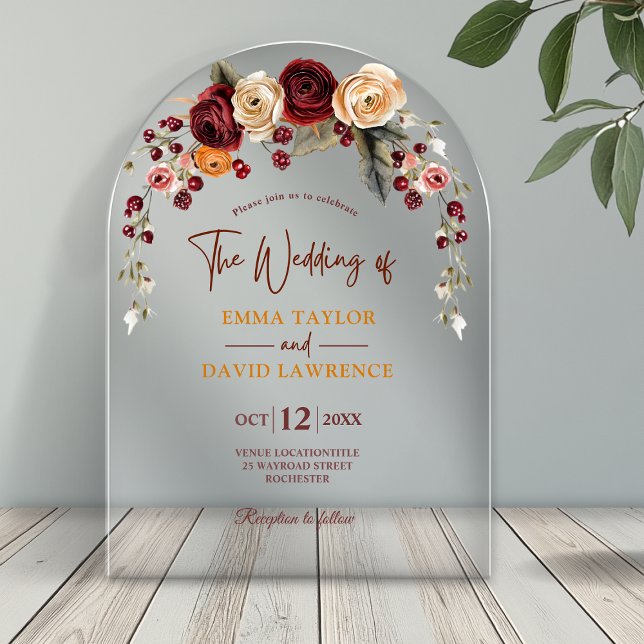 Stylish orange rust terracotta floral wedding arch acrylic invitations (Creator Uploaded)