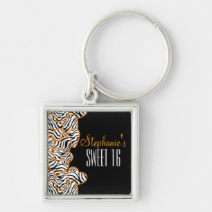 Stylish Orange Sweet 16 Zebra Heart Design Name  Key Ring