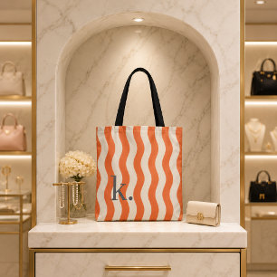 Stylish Orange Wavy Stripes with Your Monogram Tote Bag