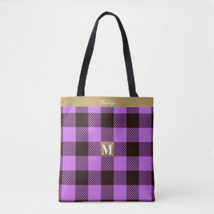 Stylish Orchid Tartan Leather Monogram Name Bridal Tote Bag