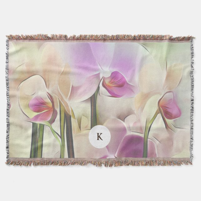 Stylish Orchids | Add Your Initial Throw Blanket (Front)