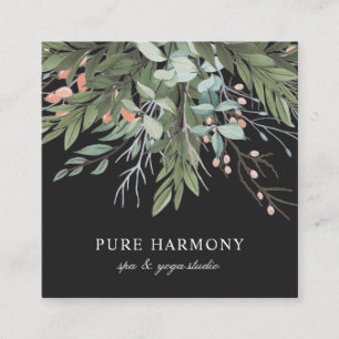 Stylish Painted Floral Boughs Black Square Business Card