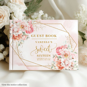 Stylish Pale Pink Sage Gold Floral Sweet Sixteen Guest Book