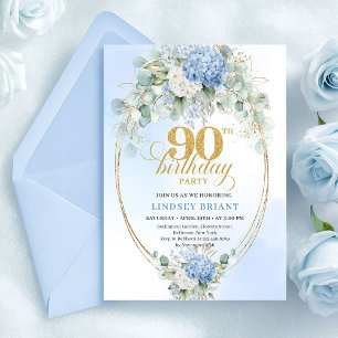 Stylish Pastel Blue Floral Gold 90th Birthday Card