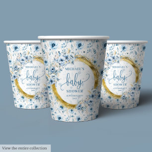 Stylish pastel blue flowers gold boho shower party paper cups