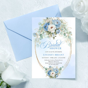 Stylish Pastel Blue Peony Gold Bridal Shower Card