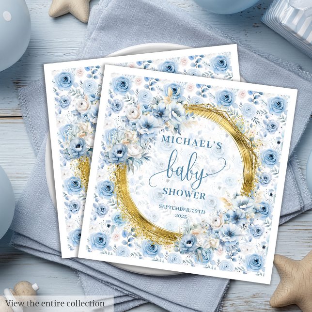 Stylish pastel blue roses gold boy baby shower napkin (Stylish pastel blue roses gold boy baby shower Paper Dinner Napkins )